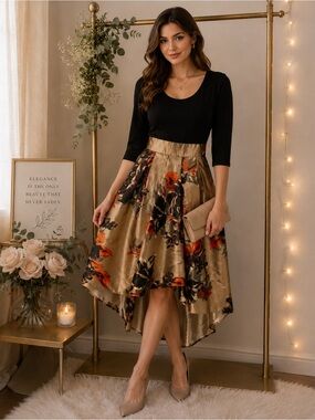 SL Fashions Gold Floral High-Low Satin Skirt with Black and Orange Accents